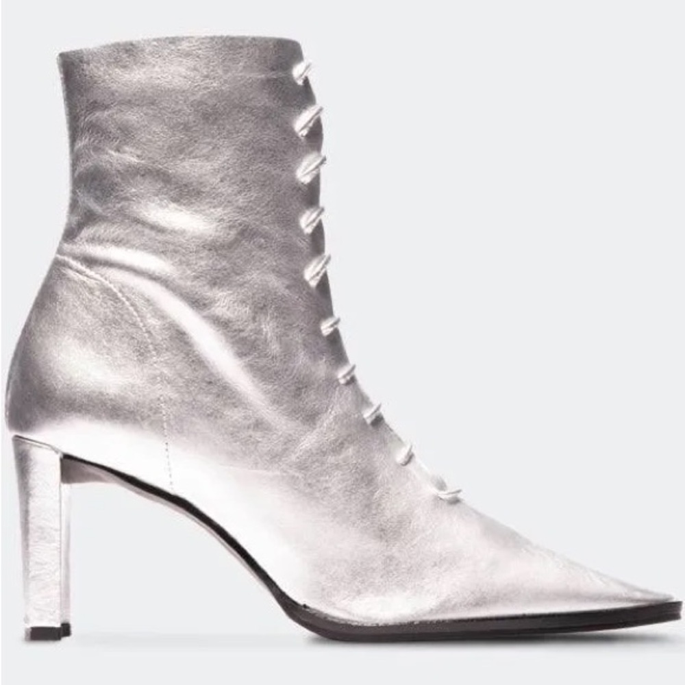 L'INTERVALLE Silver Leather Lace-Up Pointed-Toe Ankle Boots